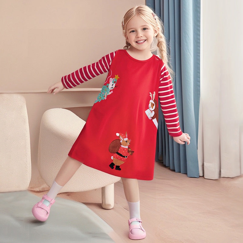 Autumn and Spring Arrival Christmas Cartoon and Striped Pattern Long Sleeves Crew Neck Dress for Stylish Girls-0