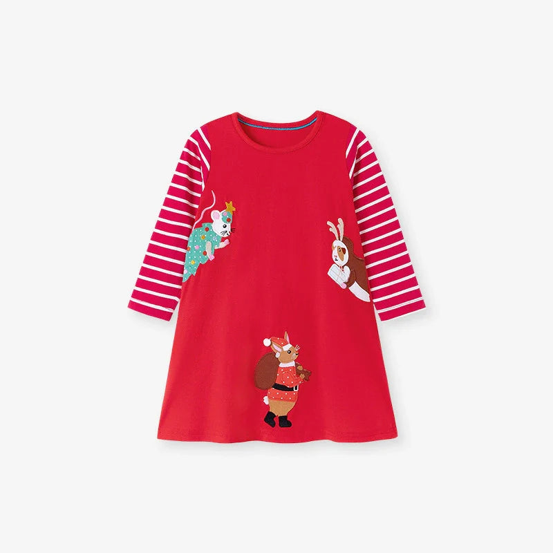 Autumn and Spring Arrival Christmas Cartoon and Striped Pattern Long Sleeves Crew Neck Dress for Stylish Girls-1