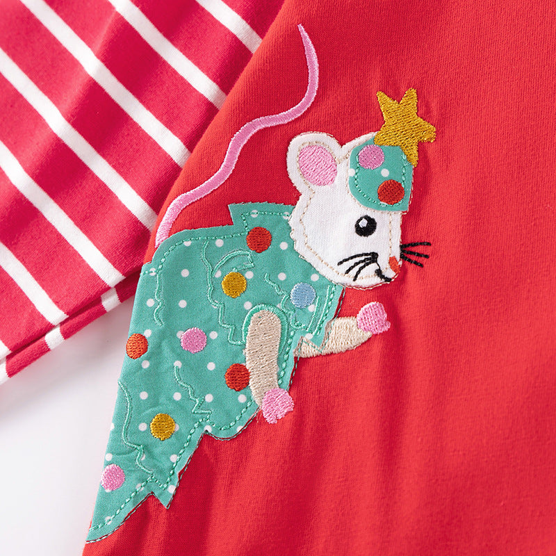 Autumn and Spring Arrival Christmas Cartoon and Striped Pattern Long Sleeves Crew Neck Dress for Stylish Girls-3