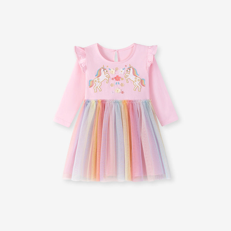 Autumn and Spring Arrival Unicorn Cartoon Pattern Long Sleeves Tulle Patchwork Dress for Stylish Girls-4